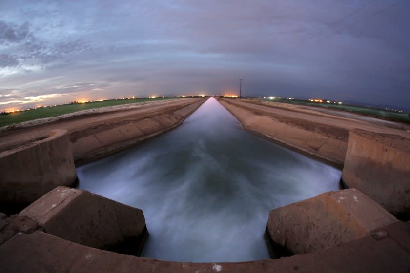 FEBRUARY 4, 2014. BRAWLEY, CA. Irrigation water gushes through control gates and along the Rockwood Canal that channels Colorado River water to produce farms in Brawley, CA, on Feb 4, 2014. While much of Calif. is mired in drought, the Imperial Valley continues to enjoy the lion's share of the state's allocation from the Colorado River. (Don Bartletti / Los Angeles Times)