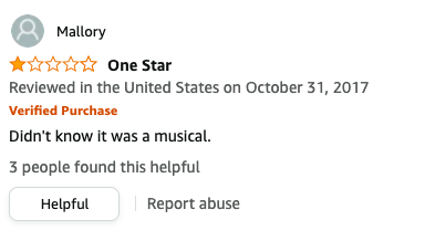 Mallory left a review called One Star that says, Didn't know it was a musical