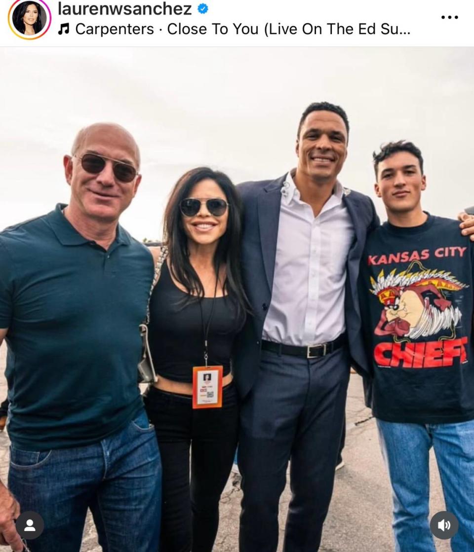 From left, Jeff Bezos, Lauren Sanchez, Tony Gonzalez and Nikko Gonzalez.