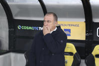 Panathinaikos' head coach Fatih Terim looks on ahead of a Greek Super League soccer match against AEK Athens, at OPAP Arena stadium, in Athens, Greece, Sunday, Jan. 14, 2024. (AP Photo/Yorgos Karahalis)