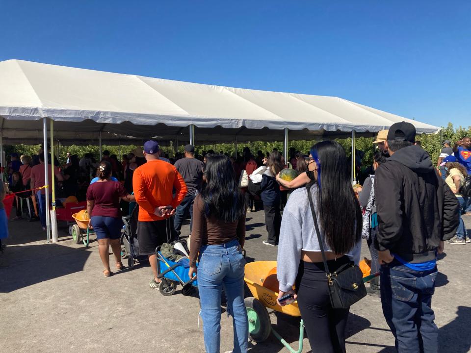 People at Gilcrease Orchard on Oct. 10 2021 wait at the check-out line to buy pumpkins, apple cider and more.