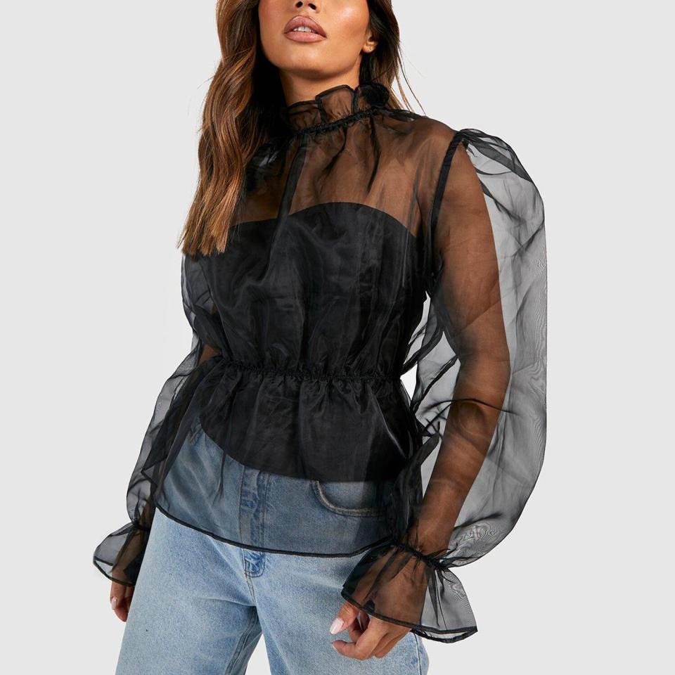 BooHoo ORGANZA PUFF SLEEVE PEPLUM TOP