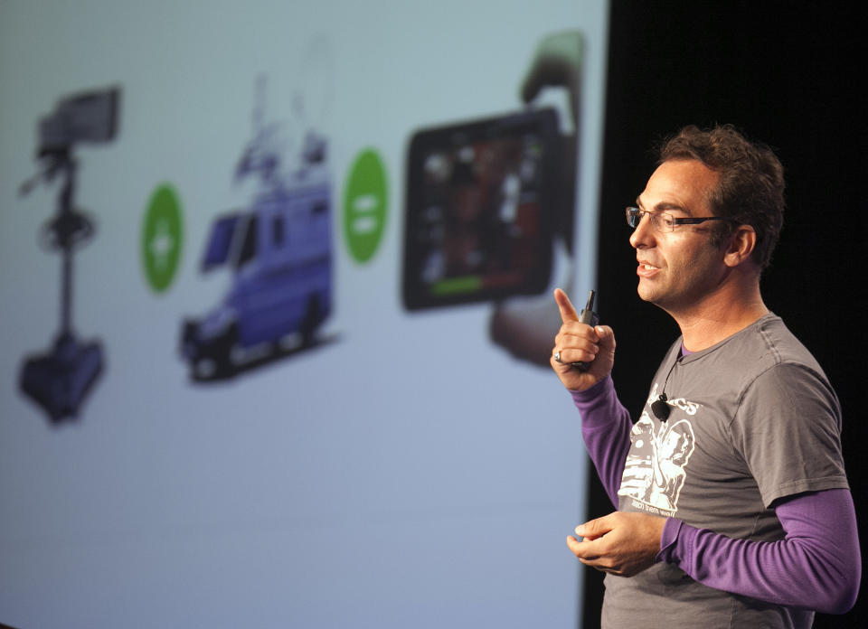 In this Thursday, June 28, 2012 photo, Adi Sideman, CEO of YouNow, delivers his keynote "Two Way Television is Here" at the third annual VidCon conference and community gathering for online video in Anaheim, Calif. More than 6,000 people are expected to attend VidCon at the Anaheim Convention Center this weekend. (AP Photo/Damian Dovarganes)