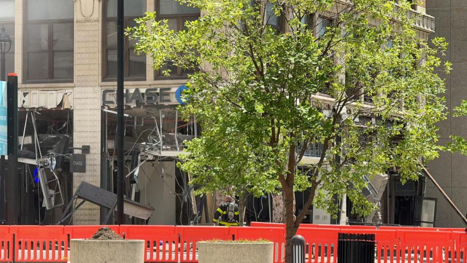 PHOTO: A firefighter works at the scene of a damaged JPMorgan Chase & Co. building following an explosion, May 28, 2024, in Youngstown, Ohio. (Ron Flaviano via Reuters)