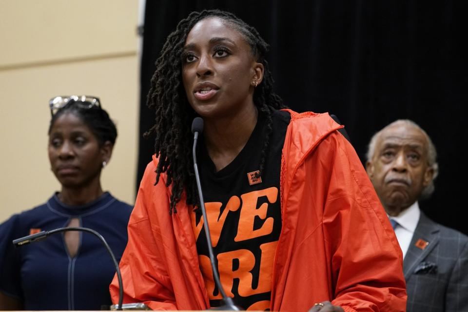 Nneka Ogwumike speaks at a news conference in Chicago, Friday, July 8, 2022. Cherelle Griner, the wife of WNBA star Brittney Griner, joined the Rev. Al Sharpton and WNBA players and union leadership for a news conference a day after Brittney Griner pleaded guilty to drug possession charges in a Russian court. (AP Photo/Nam Y. Huh)