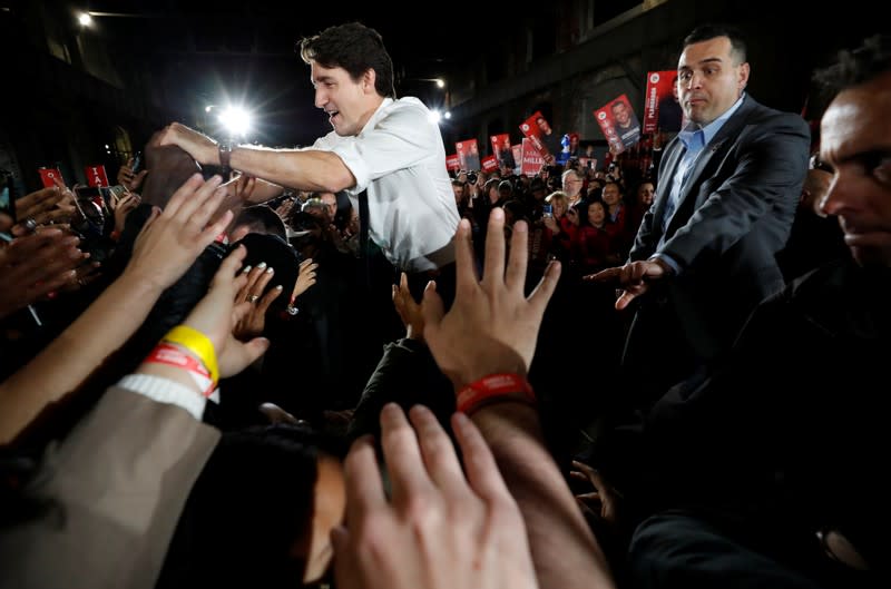 Liberal leader and Canadian Prime Minister Justin Trudeau takes part in a rally as he campaigns for the upcoming election, in Montreal