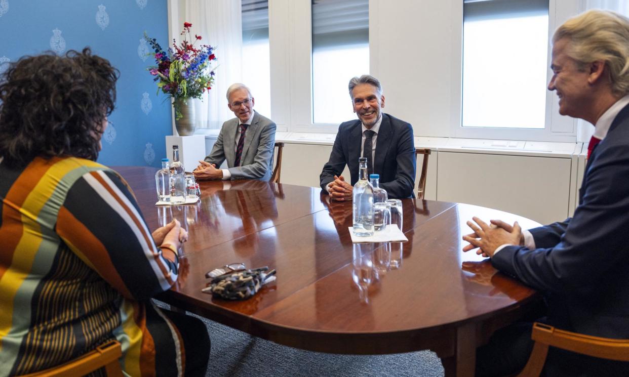 <span>Dick Schoof, second from right, with the leaders of the coalition’s parties, including the Freedom party’s Geert Wilders, right.</span><span>Photograph: Jeroen Jumelet/ANP/AFP/Getty Images</span>