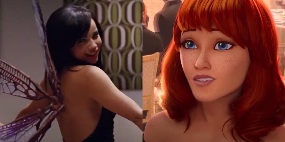 On the left: Zoë Kravitz as Angel in "X-Men: First Class." On the right: Mary Jane Watson in "Spider-Man: Into the Spider-Verse."