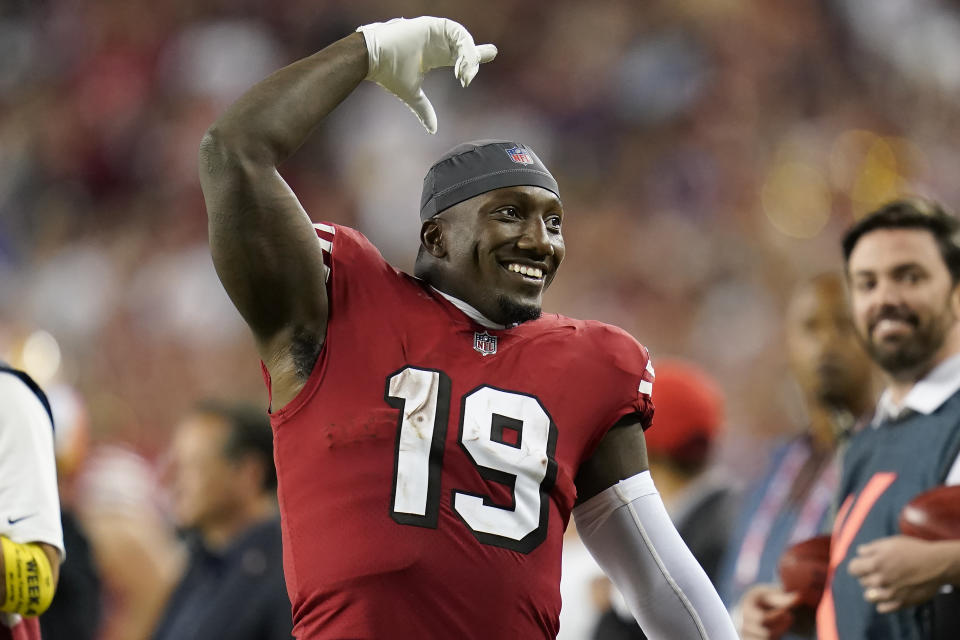 San Francisco 49ers wide receiver Deebo Samuel celebrates during the second half of an NFL football game against the Los Angeles Rams in Santa Clara, Calif., Monday, Oct. 3, 2022. (AP Photo/Godofredo A. Vásquez)