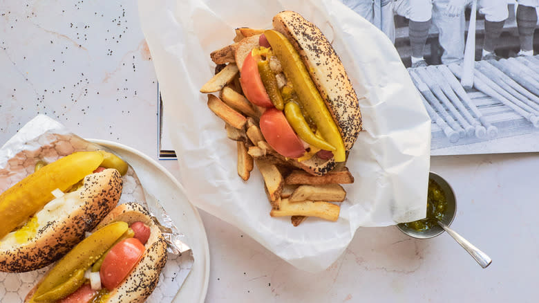 Chicago-style hot dog with fries