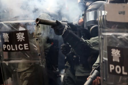 Anti-government protesters demonstrate near the Legislative Council building in Hong Kong