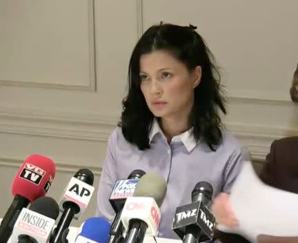 Actress and model Natassia Malthe speaks out against Harvery Weinstein during a news conference on Wednesday. (Photo: Facebook Live)