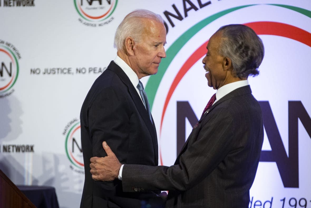 WASHINGTON, DC – JANUARY 21: Former Vice President Joe Biden is greeted by Rev. Al Sharpton during the National Action Network Breakfast on January 21, 2019 in Washington, DC. Martin Luther King III was among the attendees. (Photo by Al Drago/Getty Images)
