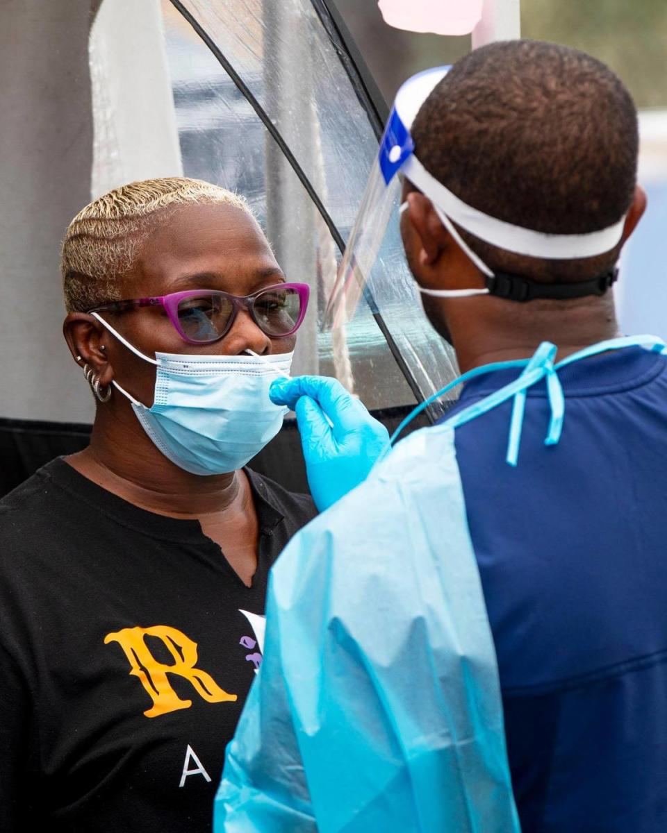 Twila Jones, 56, gets tested for COVID-19 at a testing center inside Cagni Park in North Miami, Florida, on Friday, July 30, 2021.