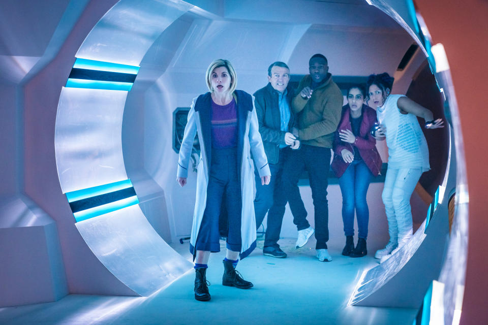 Jodie Whittaker, Bradley Walsh, Tosin Cole, Mandip Gill and Lois Chimimba in Doctor Who: The Tsuranga Conundrum (BBC)