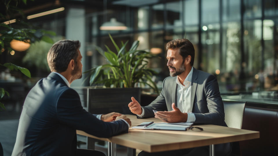 An entrepreneur meeting with a financial advisor discussing venture debt opportunities.