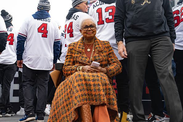 ATLANTA, GA - NOVEMBER 05: Billye Aaron, wife of the late Hank Aaron, and members of the Atlanta Braves team speak following the World Series Parade at Truist Park on November 5, 2021 in Atlanta, Georgia. The Atlanta Braves won the World Series in six games against the Houston Astros winning their first championship since 1995. (Photo by Megan Varner/Getty Images)