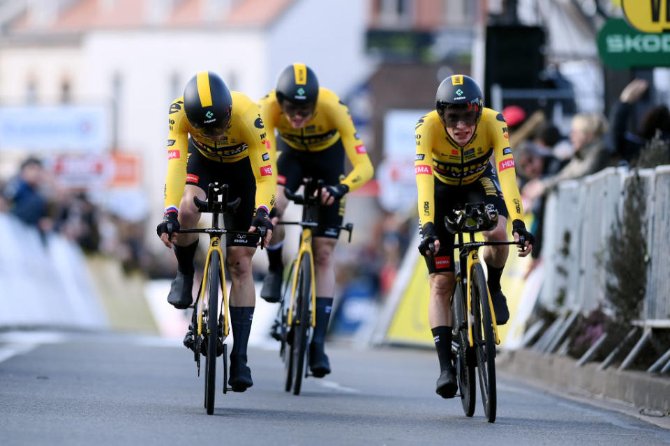 DAMPIERRE FRANCE  MARCH 07 Jonas Vingegaard of Denmark and Team JumboVisma crosses the finish line during the 81st Paris  Nice 2023  Stage 3 a 322km team time trial from Dampierre en Burly to Dampierre en Burly  ParisNice  on March 07 2023 in Dampierre France Photo by Alex BroadwayGetty Images