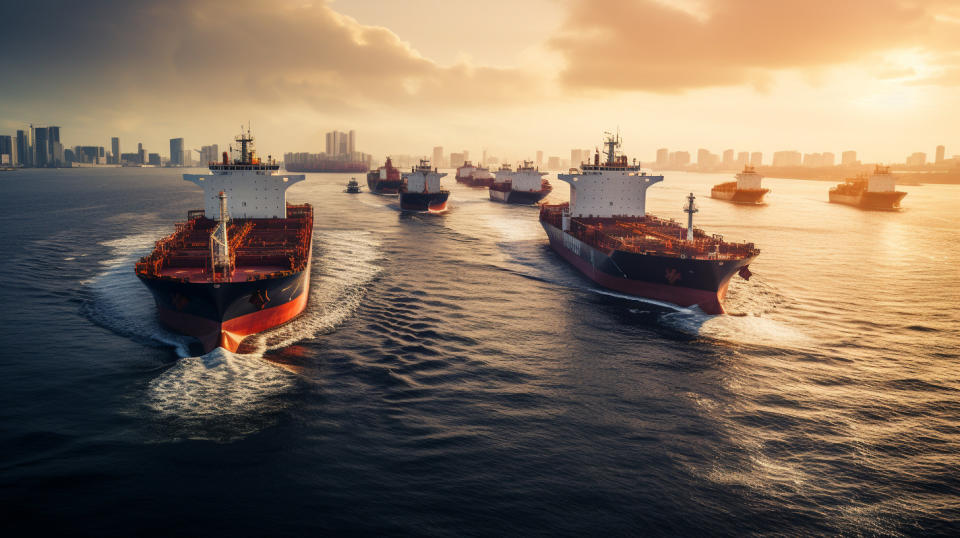 A fleet of oil tankers at sea, representing the global reach of a crude oil supplier.