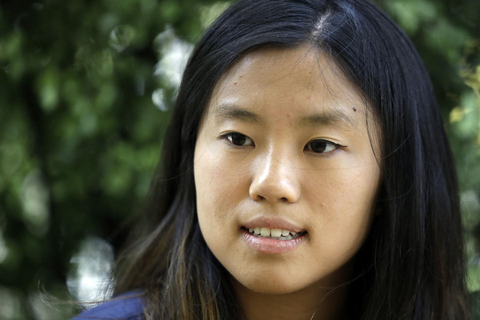 University of California student Alice Ma answers questions during an interview on the university's campus Wednesday, June 6, 2018, in, Berkeley, Calif. Ma, and other fellow students who were in Nice, France when a terrorist drove a truck down a promenade killing 83 people, including one of their classmates, have channeled their grief and anger into two nonprofits to fight terrorism. (AP Photo/Marcio Jose Sanchez)