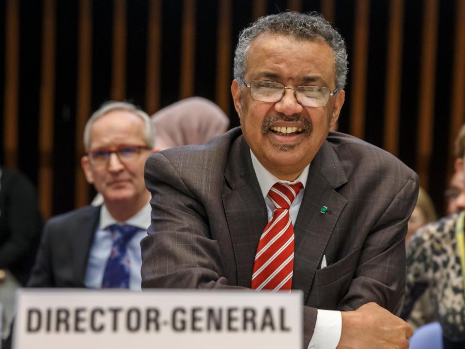 Tedros Adhanom Ghebreyesus, Director General of the World Health Organization (WHO), waits prior the opening of the 146th session of the World Health Organization Executive Board, at the World Health Organization (WHO) headquarters in Geneva, Switzerland, Monday, Feb. 3, 2020. (Salvatore Di Nolfi/Keystone via AP)