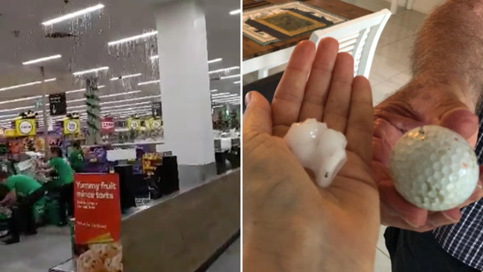 A still from a video taken inside a Sunshine Coast Woolworths where staff contended with a leaking roof during the Queensland thunderstorm. On the right is a photo of a hailstone in a Sunshine Coast local's hand next to a golf ball.