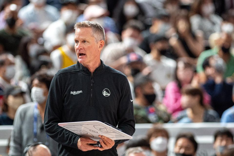 Golden State Warriors' head coach Steve Kerr looks on during the NBA Japan Games 2022 pre-season basketball game between the Golden State Warriors and Washington Wizards at the Saitama Super Arena in Saitama on October 2, 2022. (Photo by Philip FONG / AFP) (Photo by PHILIP FONG/AFP via Getty Images)