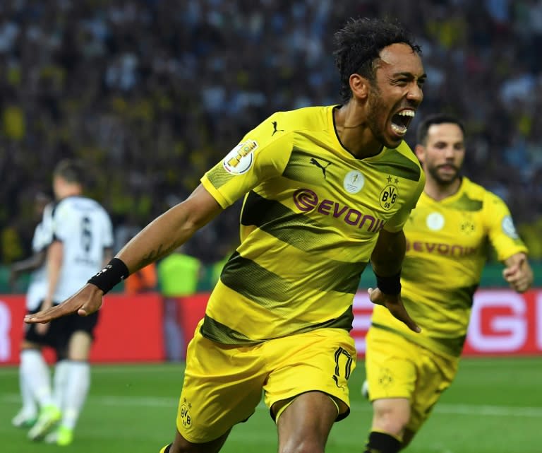 Dortmund's Pierre-Emerick Aubameyang celebrates scoring a penalty against Eintracht Frankfurt during their German Cup final at the Olympic stadium in Berlin on May 27, 2017