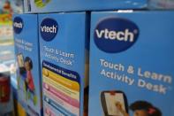VTech's products are seen on display at a toy store in Hong Kong, China November 30, 2015. Shares of electronic toy maker VTech Holdings Ltd were suspended from trade on Monday after customer data was stolen in a cyber attack, sparking concern over the loss of information relating to children. REUTERS/Tyrone Siu