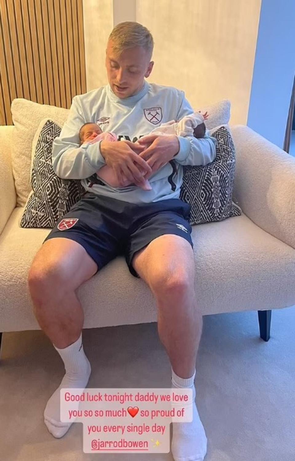 The TV star shared a shot of Bowen with their twins and wished him luck before the game (Instagram/Dani Dyer)