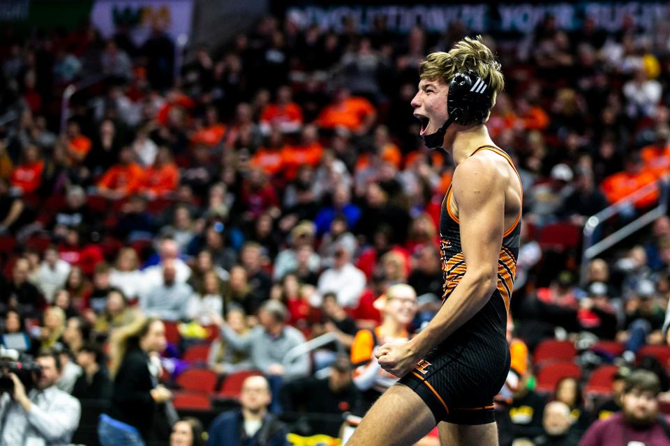 Sergeant Bluff-Luton's Ty Koedam is shown after winning a semifinal match at the Class 2A state wrestling tournament in Des Moines this year.