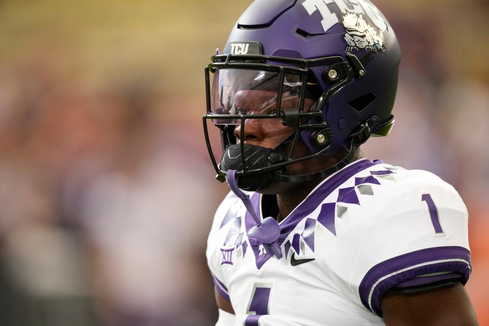 TCU cornerback Tre'Vius Hodges-Tomlinson (1) warms up before an NCAA college football game Friday, Sept. 2, 2022, in Boulder, Colo. (AP Photo/David Zalubowski)