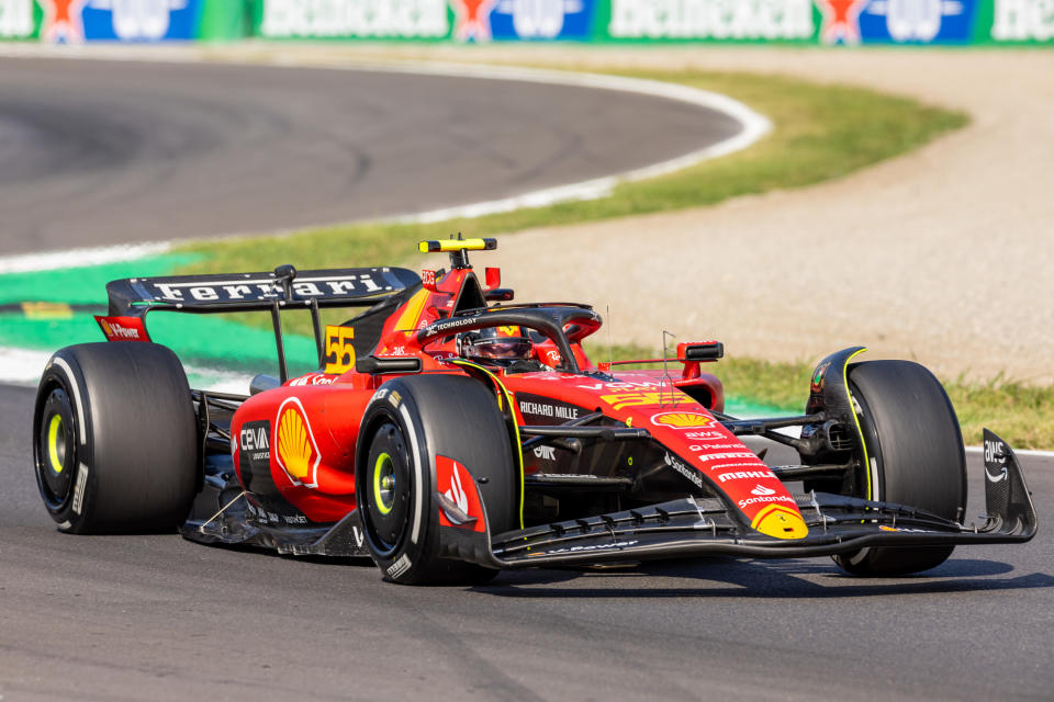 MONZA, ITALY  - SEPTEMBER 02: Ferrari driver Carlos Sainz (55) of Spain wins pole position during qualifying for the F1 Italian Grand Prix on Saturday, September 2, 2023 at the Autodromo Nazionale Monza in Monza, Italy. (Photo by Bob Kupbens/Icon Sportswire via Getty Images)