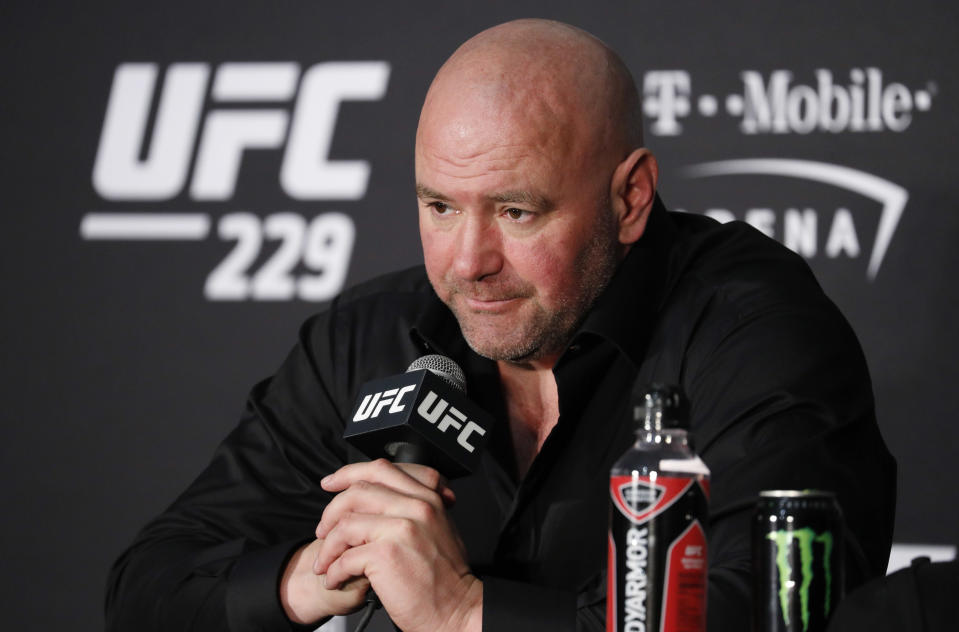 Dana White won’t let Khabib Nurmagomedov and Floyd Mayweather fight each other unless it’s in the Octagon. (AP Photo/John Locher)