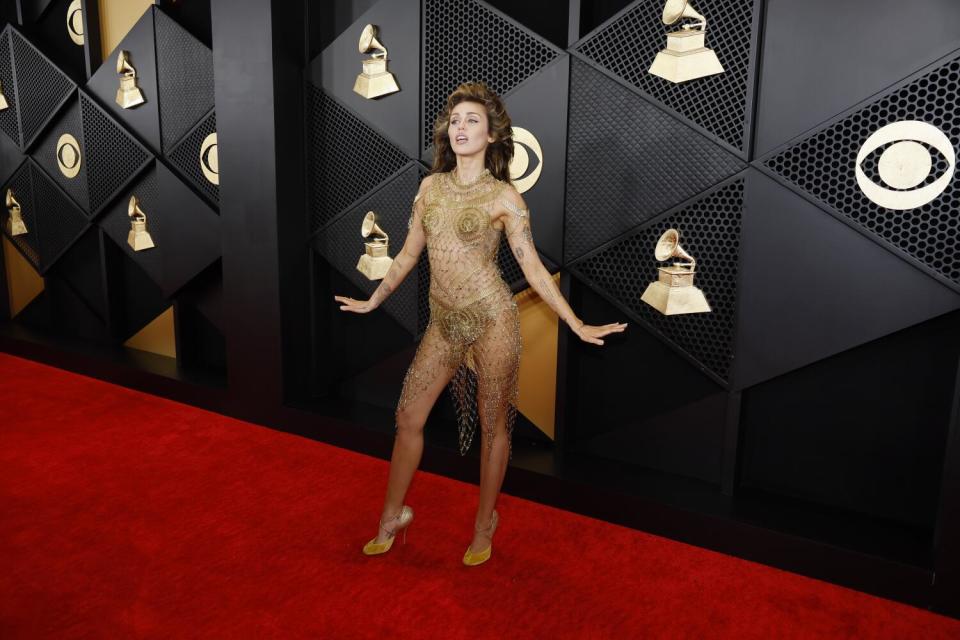 Miley Cyrus poses on the red carpet in a sheer gold dress made of safety pins