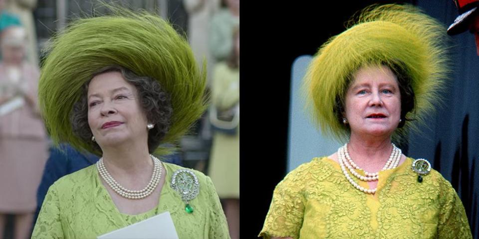 <p>The Queen Mother looked bright and cheerful at Prince Charles's investiture ceremony. The series decided to dress actress Marion Bailey in almost the exact same lime green lace suit and fur hat. </p>