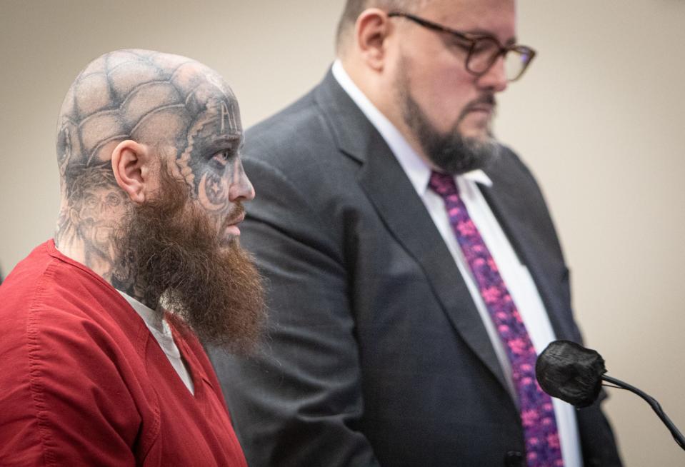 Kiernan Brown, left, of Delta Township, pictured Wednesday, Nov. 2, 2022, appears in Judge Rosemarie Aquilina's courtroom for his sentencing hearing for the brutal 2019 murders of Kaylee Brock, 26, of Holt, and Julie Mooney, 32, of Williamston. He was sentenced to 70-100 years in prison. Also pictured is his attorney Ronald Berry.