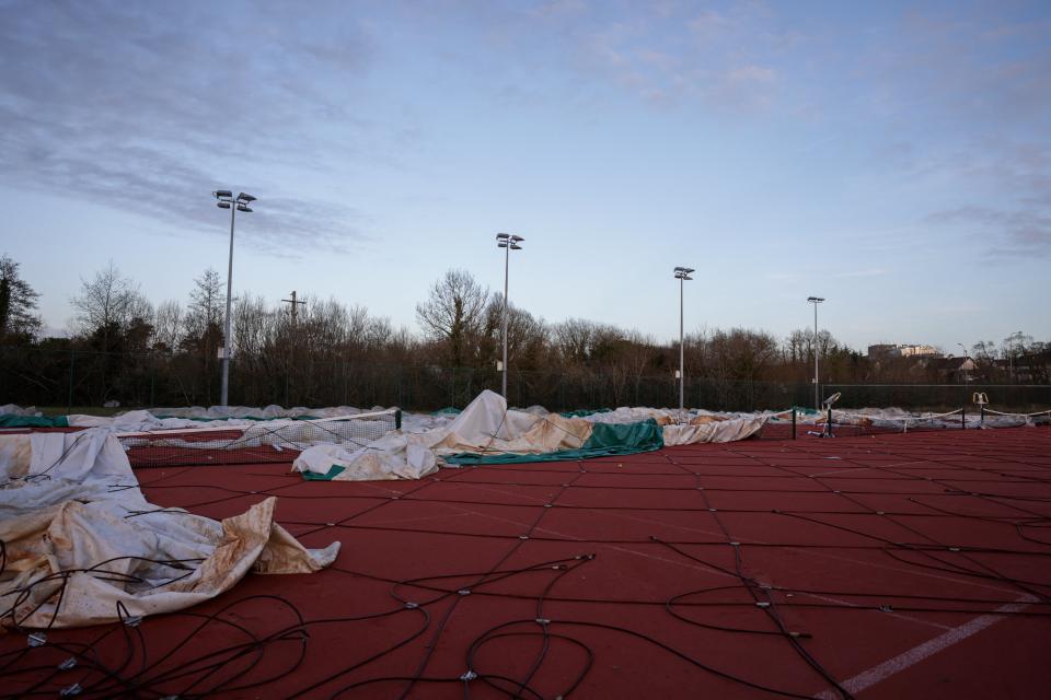 Castlebar Tennis Club dome is destroyed following recent storms, in Castlebar, County Mayo, Ireland, (REUTERS)