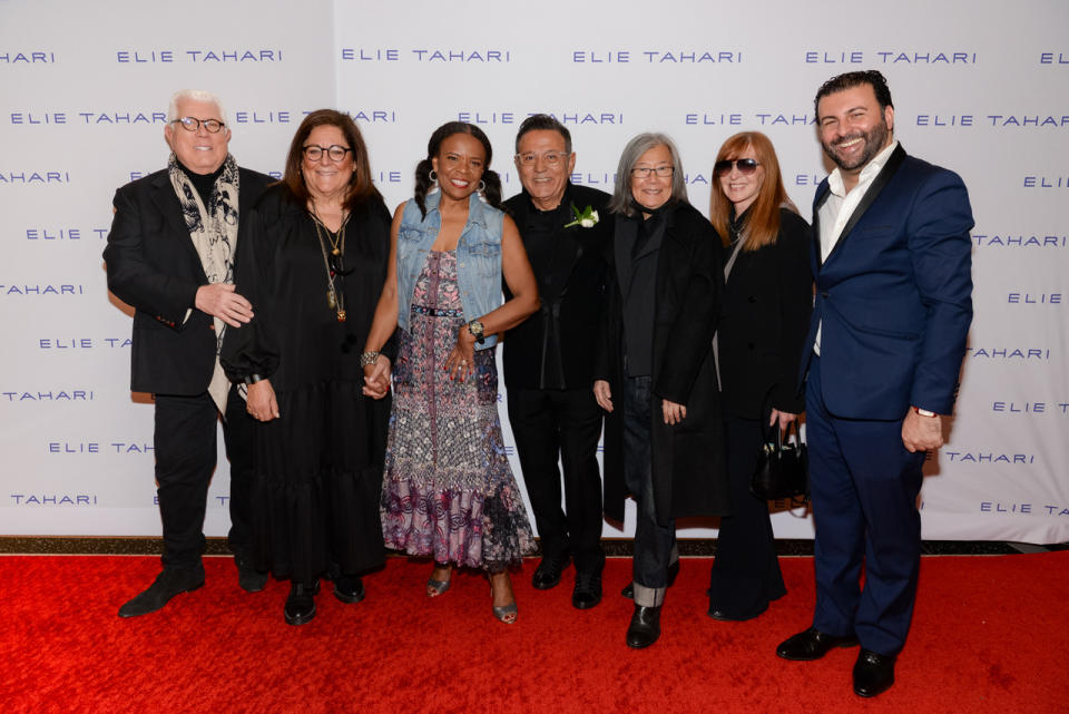 Dennis Basso, Fern Mallis, Teri Agins, Elie Tahari, Yeohlee Teng, Nicole Miller and David Serero at “The United States of Elie Tahari” premiere in New York City. - Credit: Courtesy of Andrew Werner