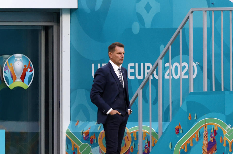 Slovakia's manager Stefan Tarkovic reacts during the Euro 2020 soccer championship group E match between Poland v Slovakia at the Saint Petersburg stadium in St. Petersburg, Russia, Monday, June 14, 2021. (Evgenya Novozhenina/Pool via AP)