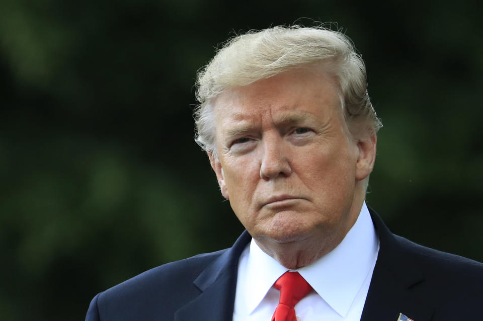 President Donald Trump walks on the South Lawn as he leaves the White House in Washington, Monday, May 20, 2019, to attend a campaign rally in Montoursville, Pa. (AP Photo/Manuel Balce Ceneta)