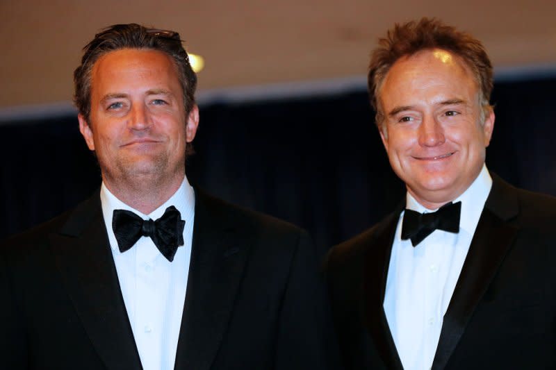 Matthew Perry (L), seen with "Studio 60" co-star Bradley Whitford, died Oct. 28 at age 54. File Photo by Molly Riley/UPI