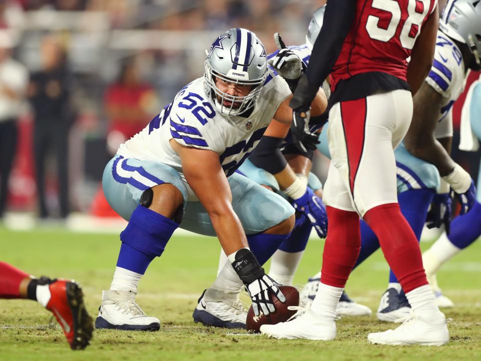 Dallas Cowboys guard Connor Williams (52) in the first half on Aug. 13 against the Arizona Cardinals at State Farm Stadium in Glendale, Arizona. Williams is now a Dolphin.