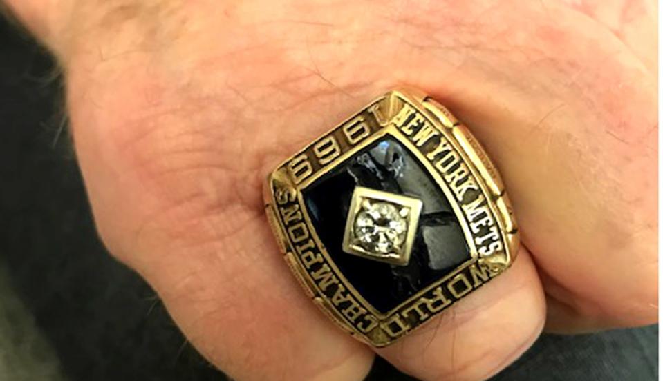 Rod Gaspar displays the 1969 World Series championship ring he won with the New York Mets.