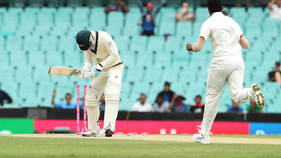 Peter Handscomb is bowled by Jasprit Bumrah. (Photo by Mark Kolbe – CA/Cricket Australia/Getty Images)