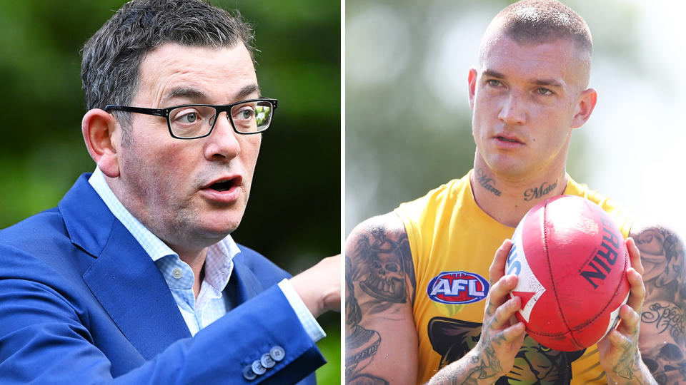 Victorian premier Daniel Andrews is pictured in a 50/50 split image next to Richmond Tigers player Dustin Martin.