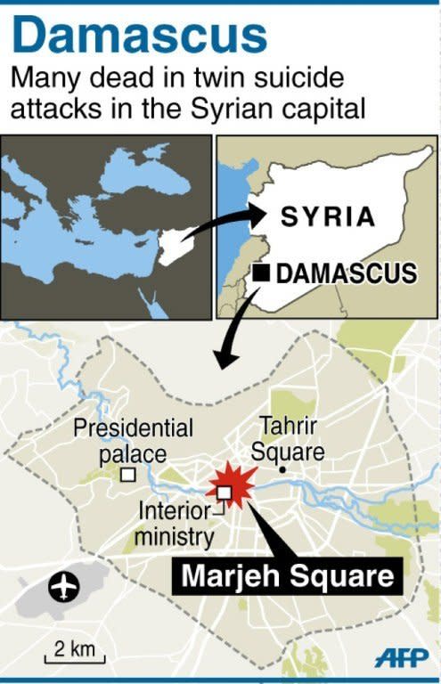 Map of Damascus locating a twin suicide attack in Marjeh Square