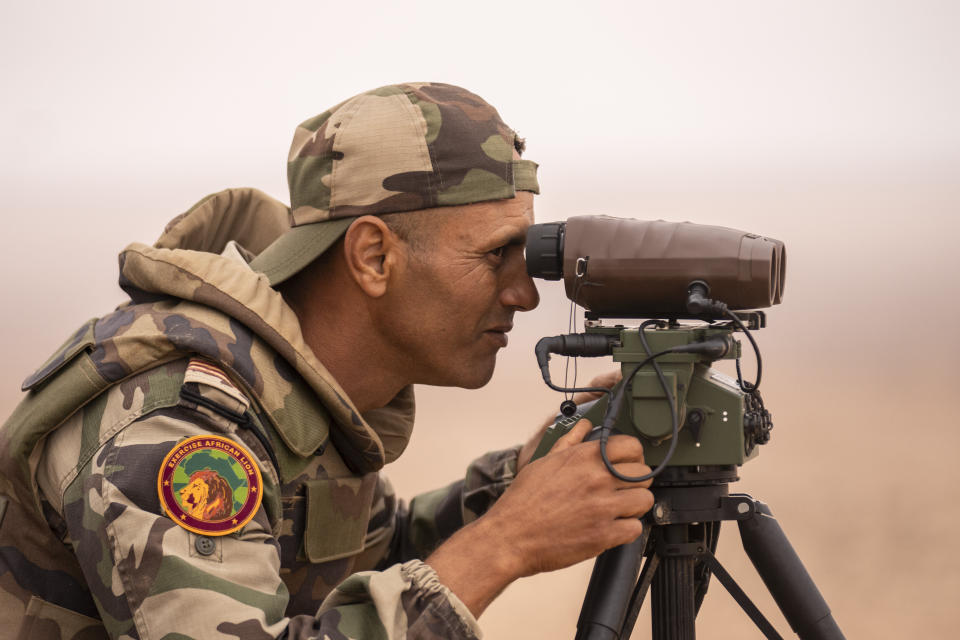 Members of the Moroccan Royal Armed Forces take part in the 20th edition of the African Lion military exercise, in Tantan, south of Agadir, Morocco, Friday, May 31, 2024. (AP Photo/Mosa'ab Elshamy)