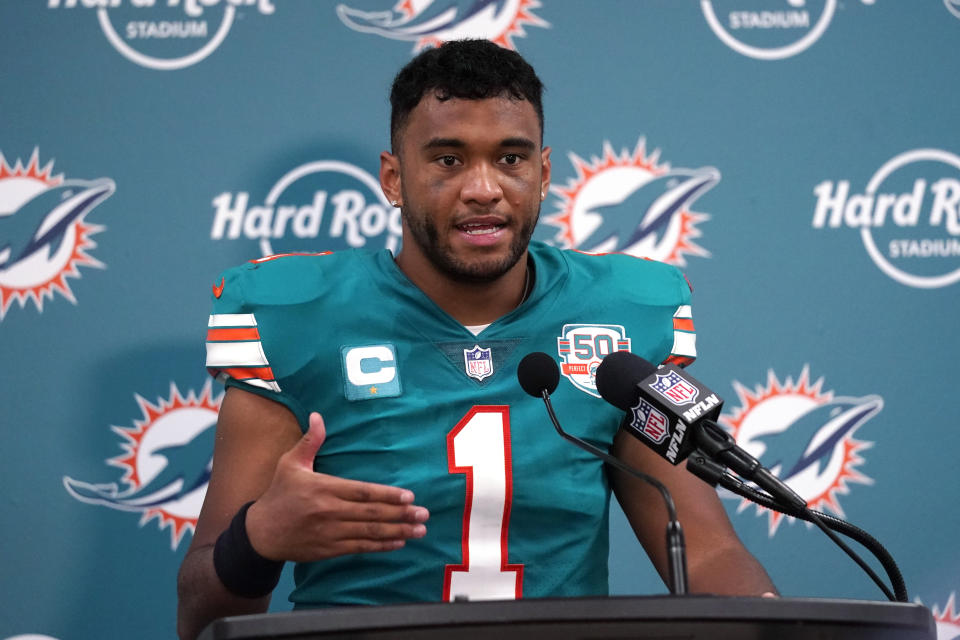 Miami Dolphins quarterback Tua Tagovailoa (1) speaks during a post-game news conference after an NFL football game against the Pittsburgh Steelers, Sunday, Oct. 23, 2022, in Miami Gardens, Fla. The Dolphins defeated the Steelers 16-10. (AP Photo/Wilfredo Lee )