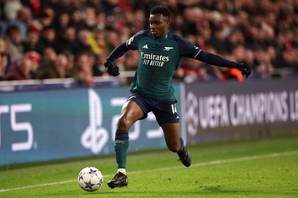 EINDHOVEN, NETHERLANDS – DECEMBER 12: Eddie Nketiahof Arsenal in action during the UEFA Champions League match between PSV Eindhoven and Arsenal FC at Philips Stadion on December 12, 2023 in Eindhoven, Netherlands. (Photo by Dean Mouhtaropoulos/Getty Images)